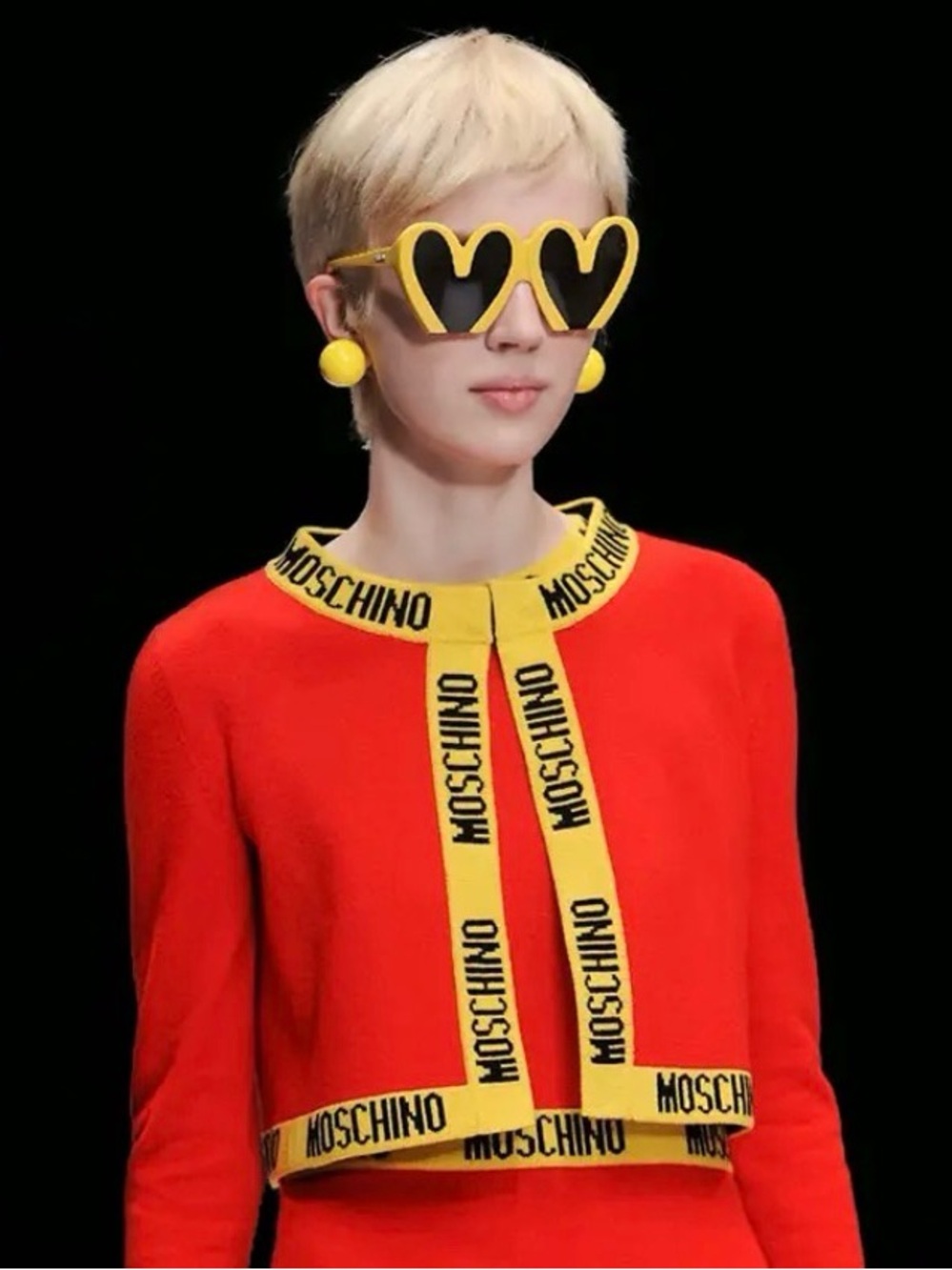 Moschino Red Sweater with Yellow Logo Trim and Collar